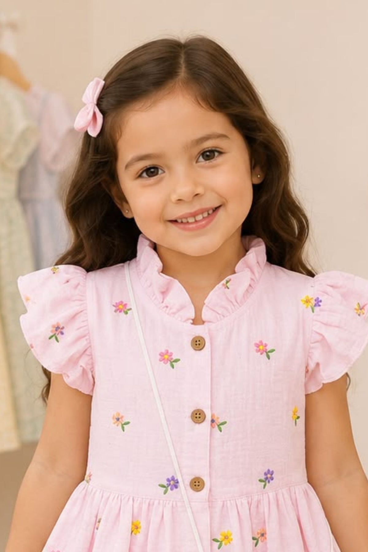 Girls Pink Multicolour Floral Embroidered Dress