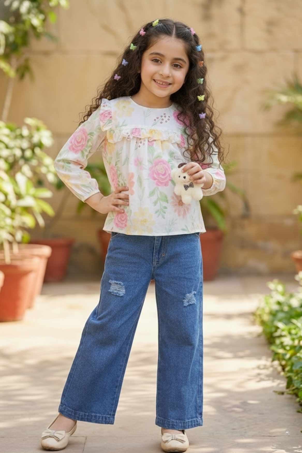 Floral Ruffled Top with Wide-Leg Denim Jeans Set For Girls