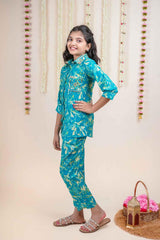 Turquoise Blue Floral Printed Co-ord Set For Girls