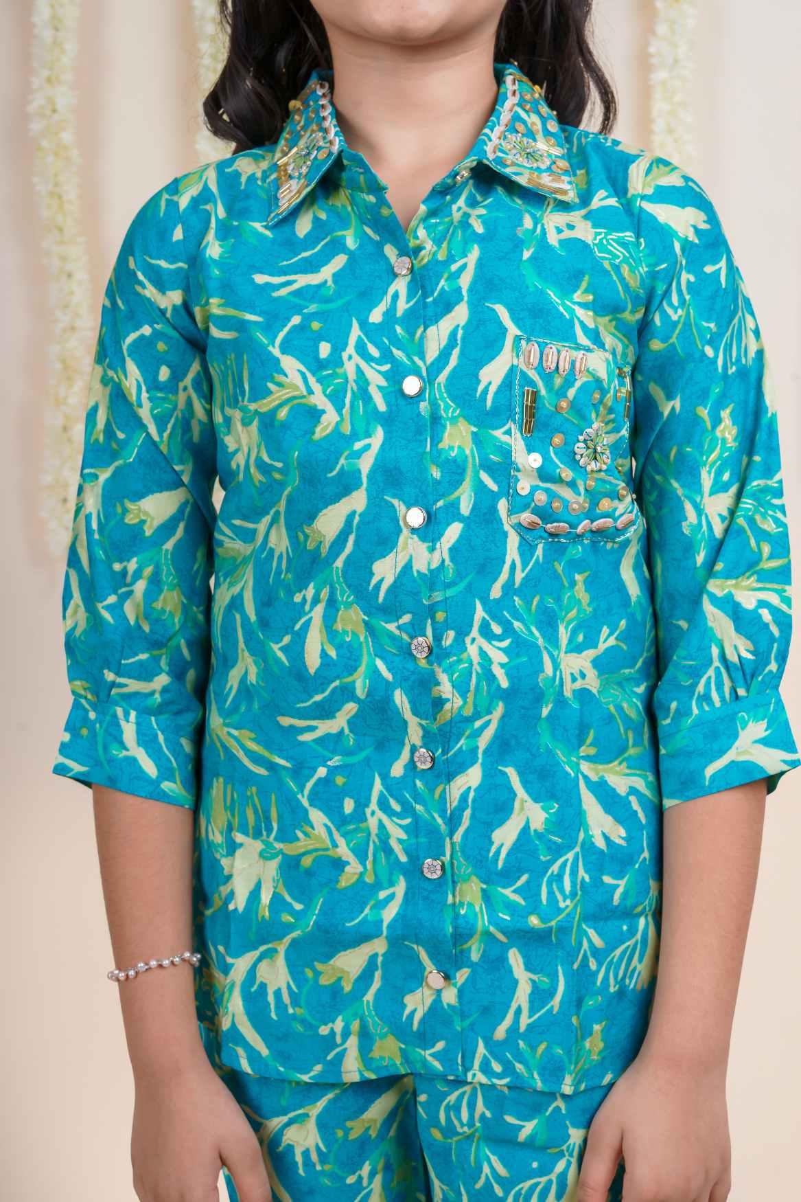 Turquoise Blue Floral Printed Co-ord Set For Girls - Lagorii Kids