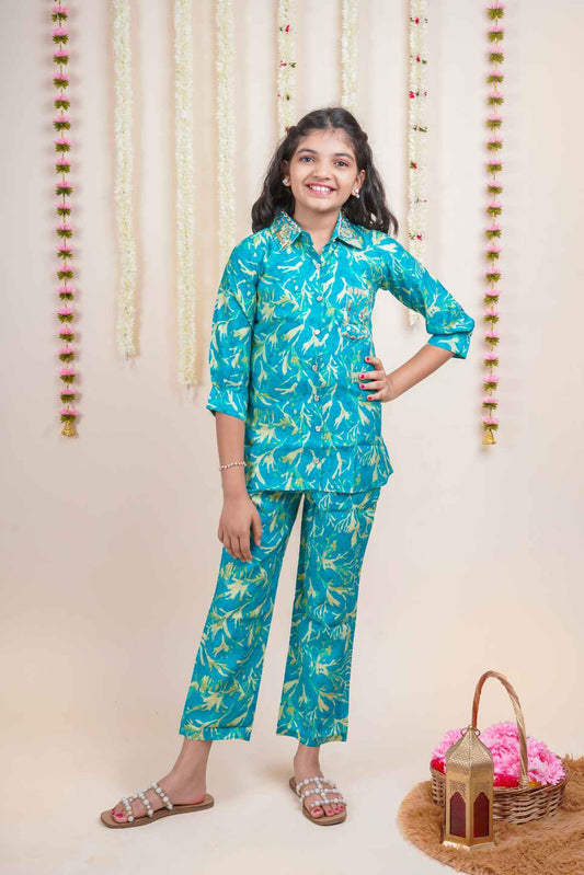Turquoise Blue Floral Printed Co-ord Set For Girls