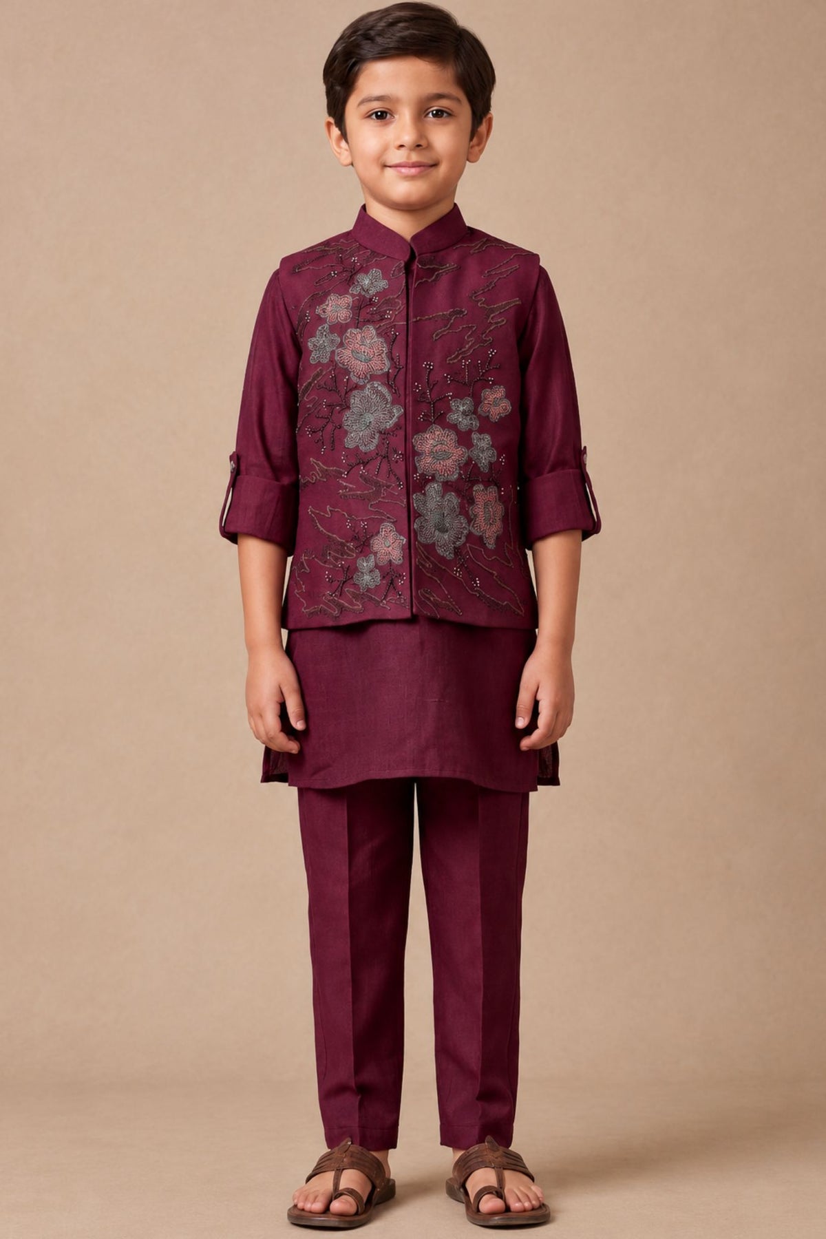 Boys Maroon Floral Embroidered Nehru Jacket Kurta Set