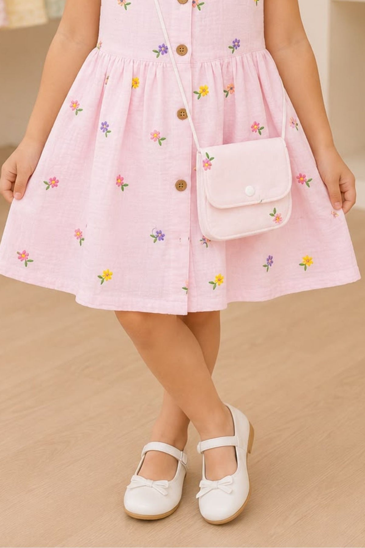 Girls Pink Multicolour Floral Embroidered Dress
