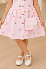 Girls Pink Multicolour Floral Embroidered Dress