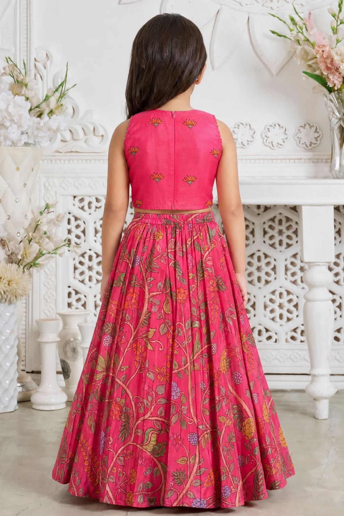 Girls Rani Pink Floral Printed Lehenga Choli With Dupatta