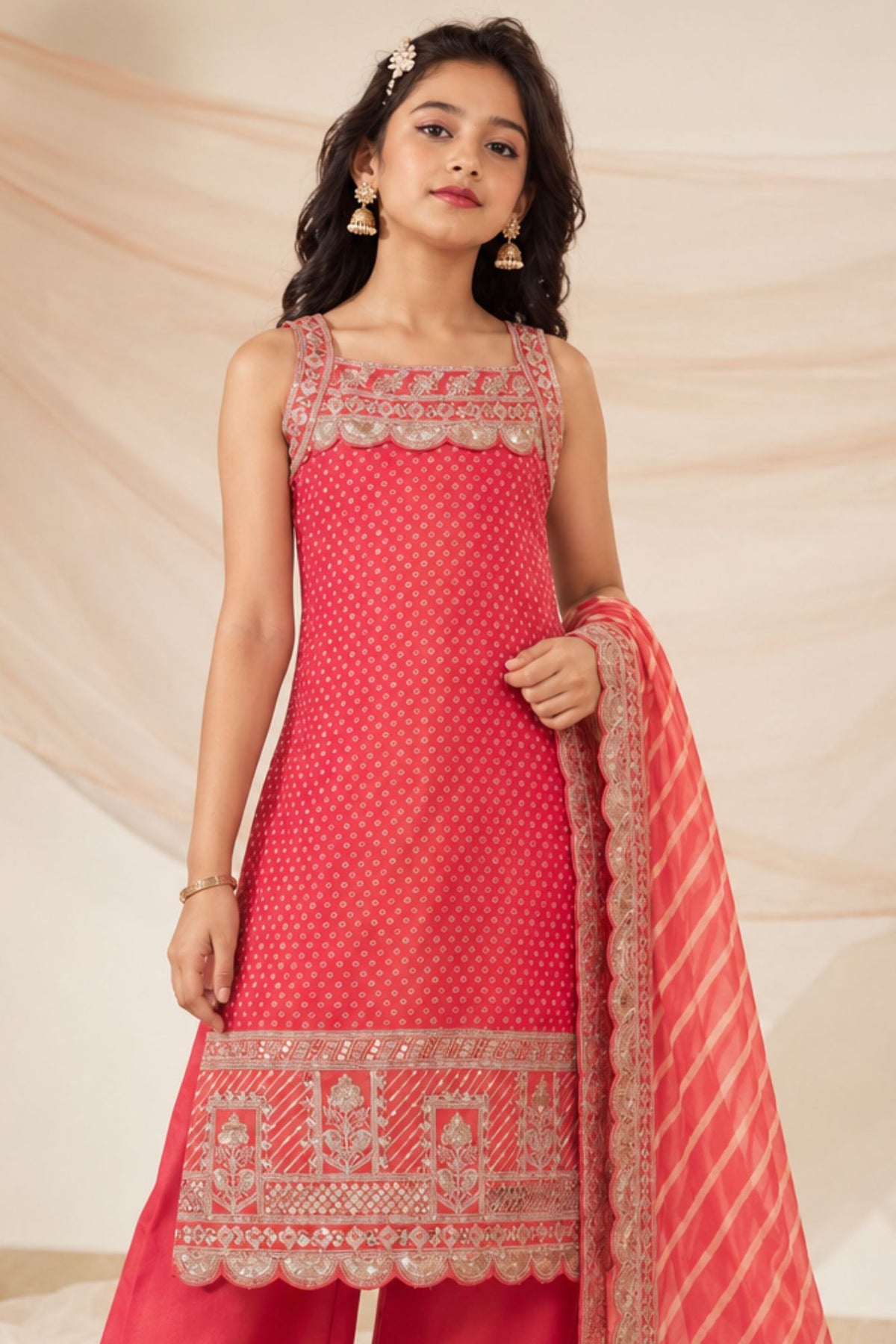 Rani Pink Zari Embroidered Festive Palazzo Set with Dupatta