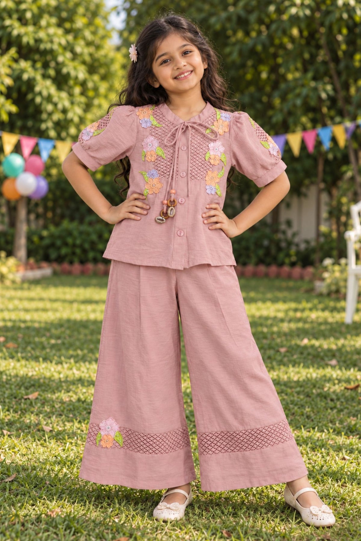 Girls Peach With Multicolour Floral Embroidered Co-Ord Set