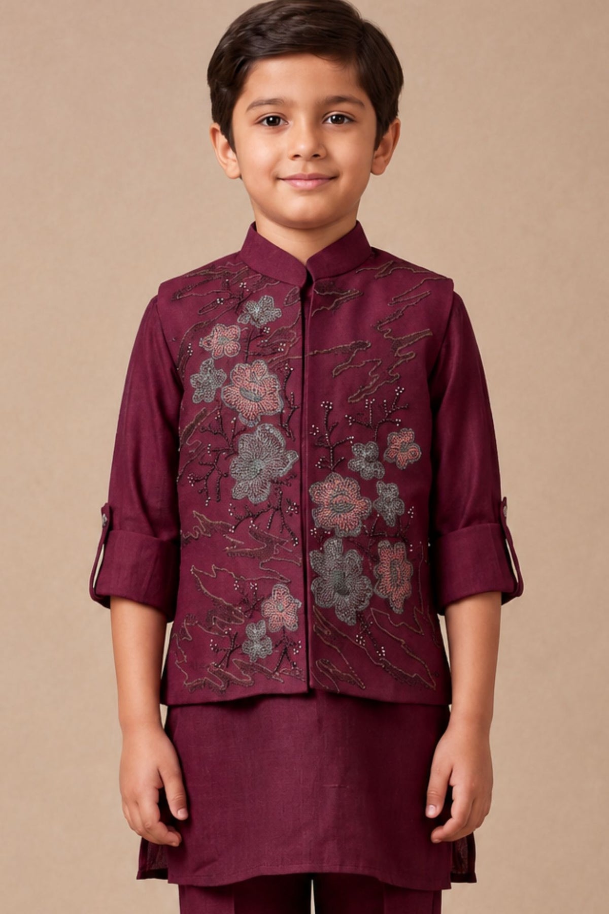 Boys Maroon Floral Embroidered Nehru Jacket Kurta Set