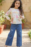 Floral Ruffled Top with Wide-Leg Denim Jeans Set For Girls