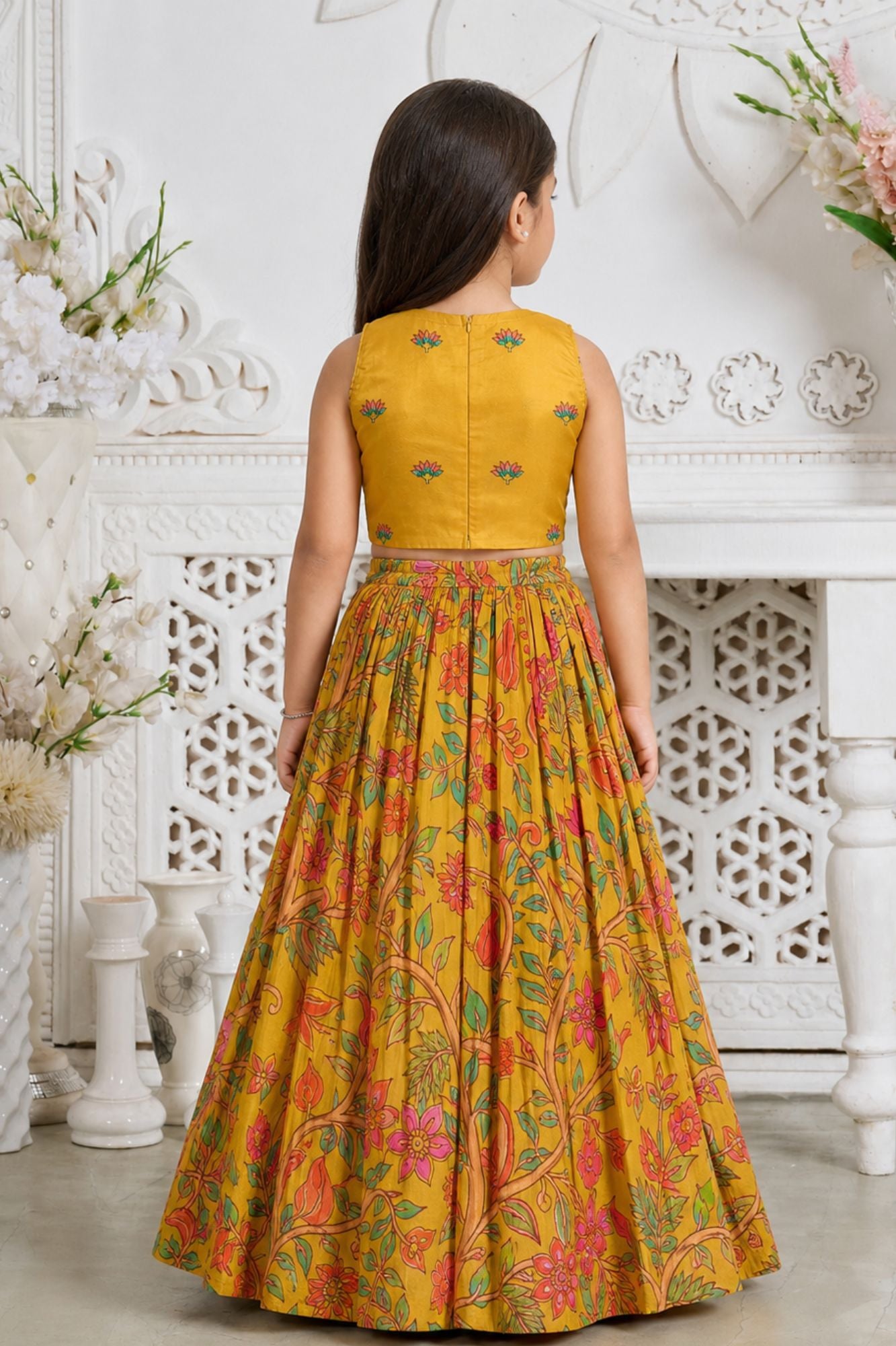 Girls Mustard Yellow Floral Printed Lehenga Choli With Dupatta