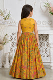 Girls Mustard Yellow Floral Printed Lehenga Choli With Dupatta