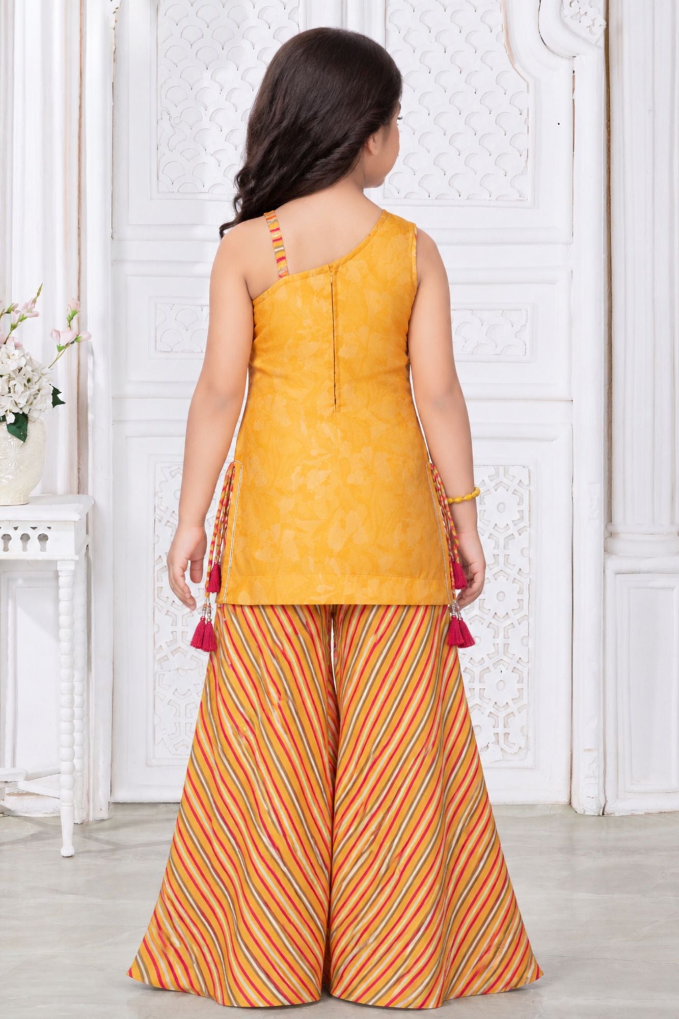 Girls Mustard Yellow Embroidered Palazzo Set With Leheriya Print And Dupatta