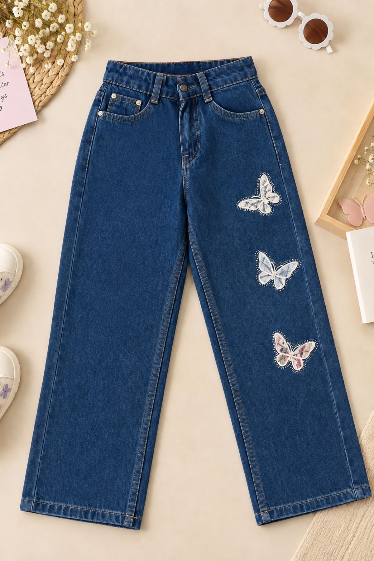 Blue Butterfly Embellished Straight Fit Denim Jeans For Girls