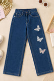 Blue Butterfly Embellished Straight Fit Denim Jeans For Girls