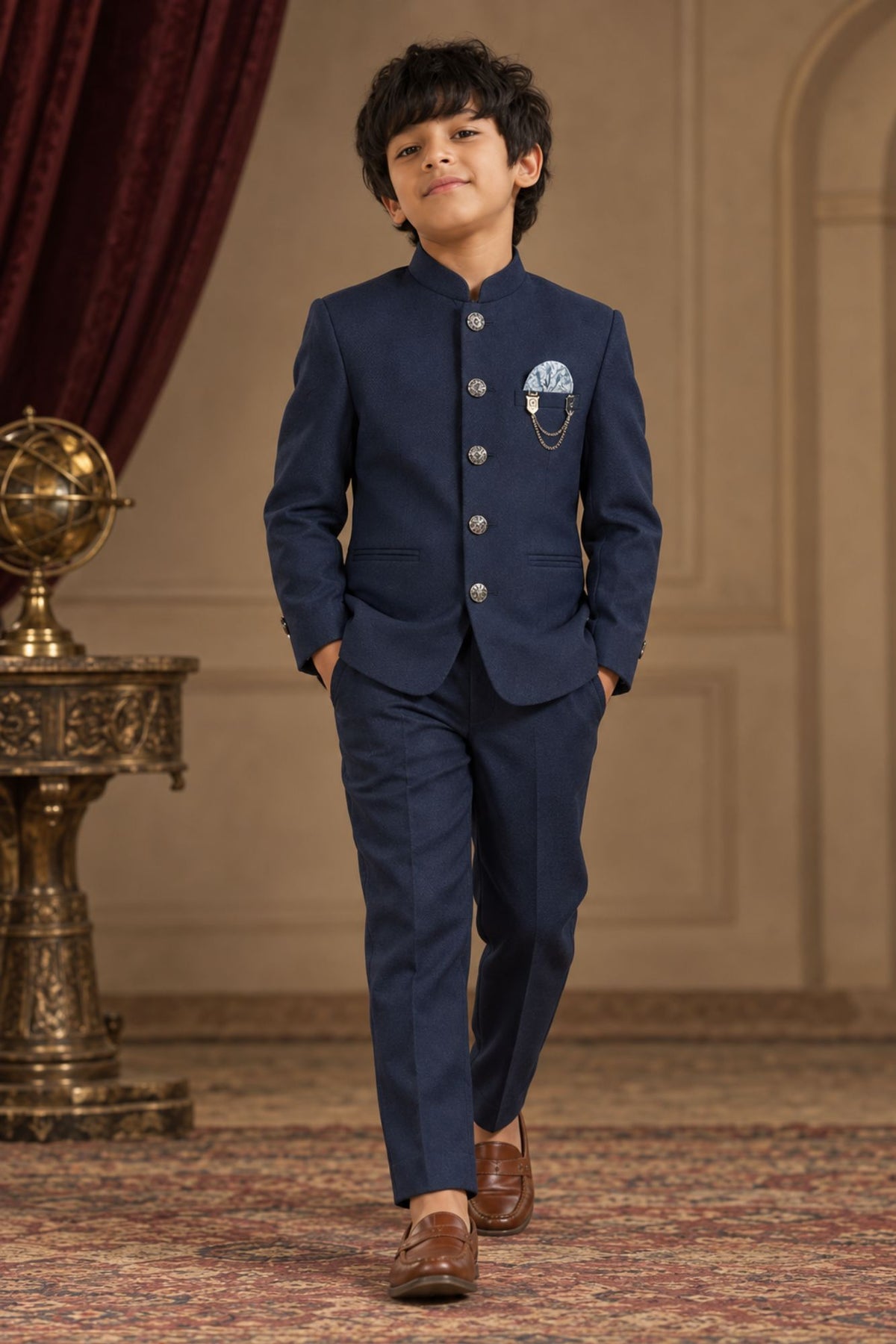 Navy Blue Jodhpuri Suit with Chain Brooch And Pocket Square For Boys