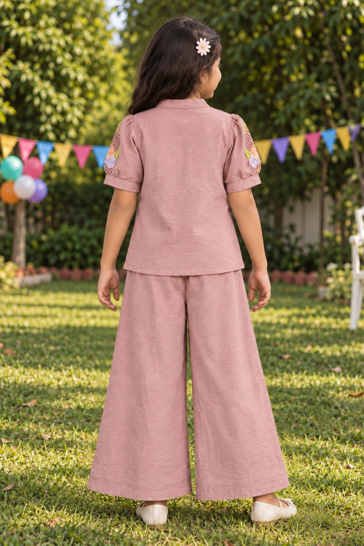 Girls Peach With Multicolour Floral Embroidered Co-Ord Set
