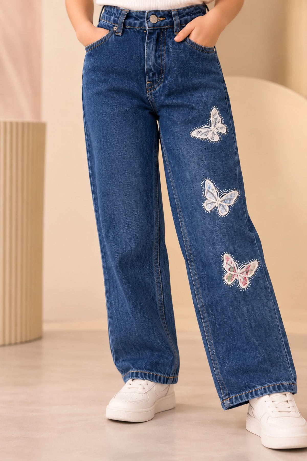 Blue Butterfly Embellished Straight Fit Denim Jeans For Girls