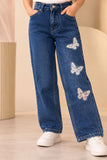 Blue Butterfly Embellished Straight Fit Denim Jeans For Girls