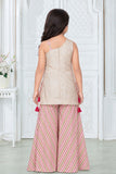 Girls Cream Embroidered Palazzo Set With Leheriya Print And Dupatta