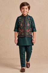 Boys Bottle Green Embroidered Nehru Jacket Kurta Set