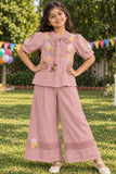 Girls Peach With Multicolour Floral Embroidered Co-Ord Set