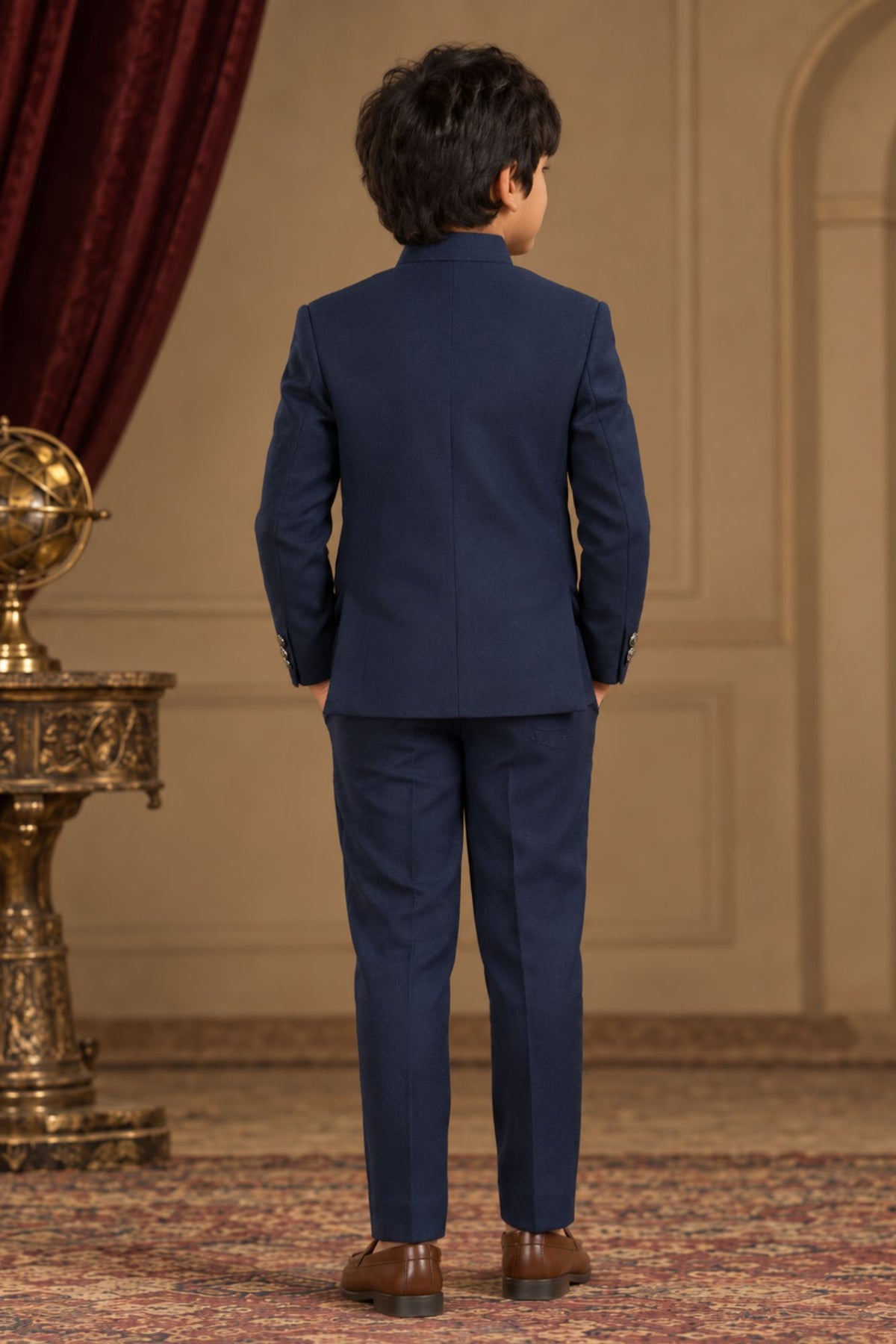 Navy Blue Jodhpuri Suit with Chain Brooch And Pocket Square For Boys
