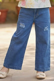 Floral Ruffled Top with Wide-Leg Denim Jeans Set For Girls
