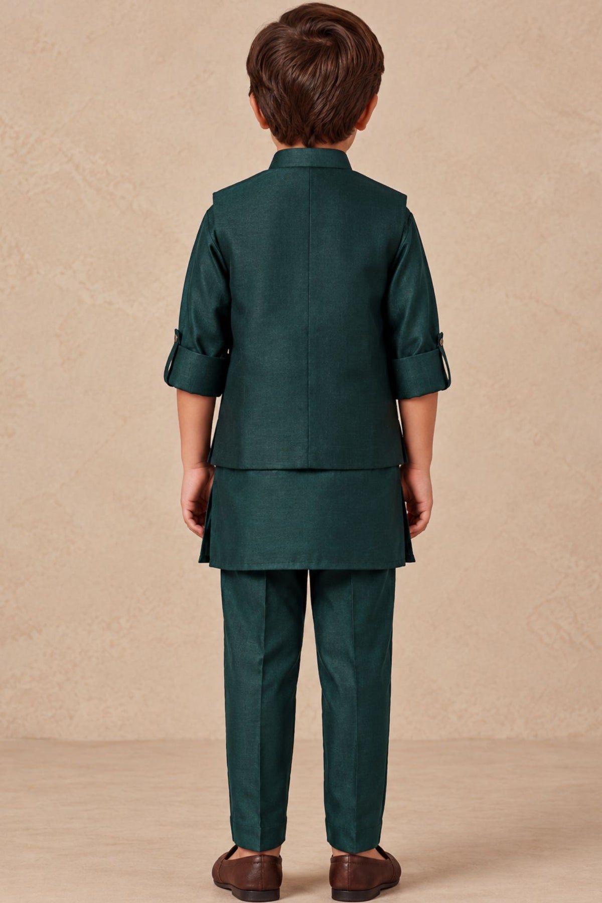 Boys Bottle Green Embroidered Nehru Jacket Kurta Set