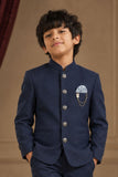 Navy Blue Jodhpuri Suit with Chain Brooch And Pocket Square For Boys
