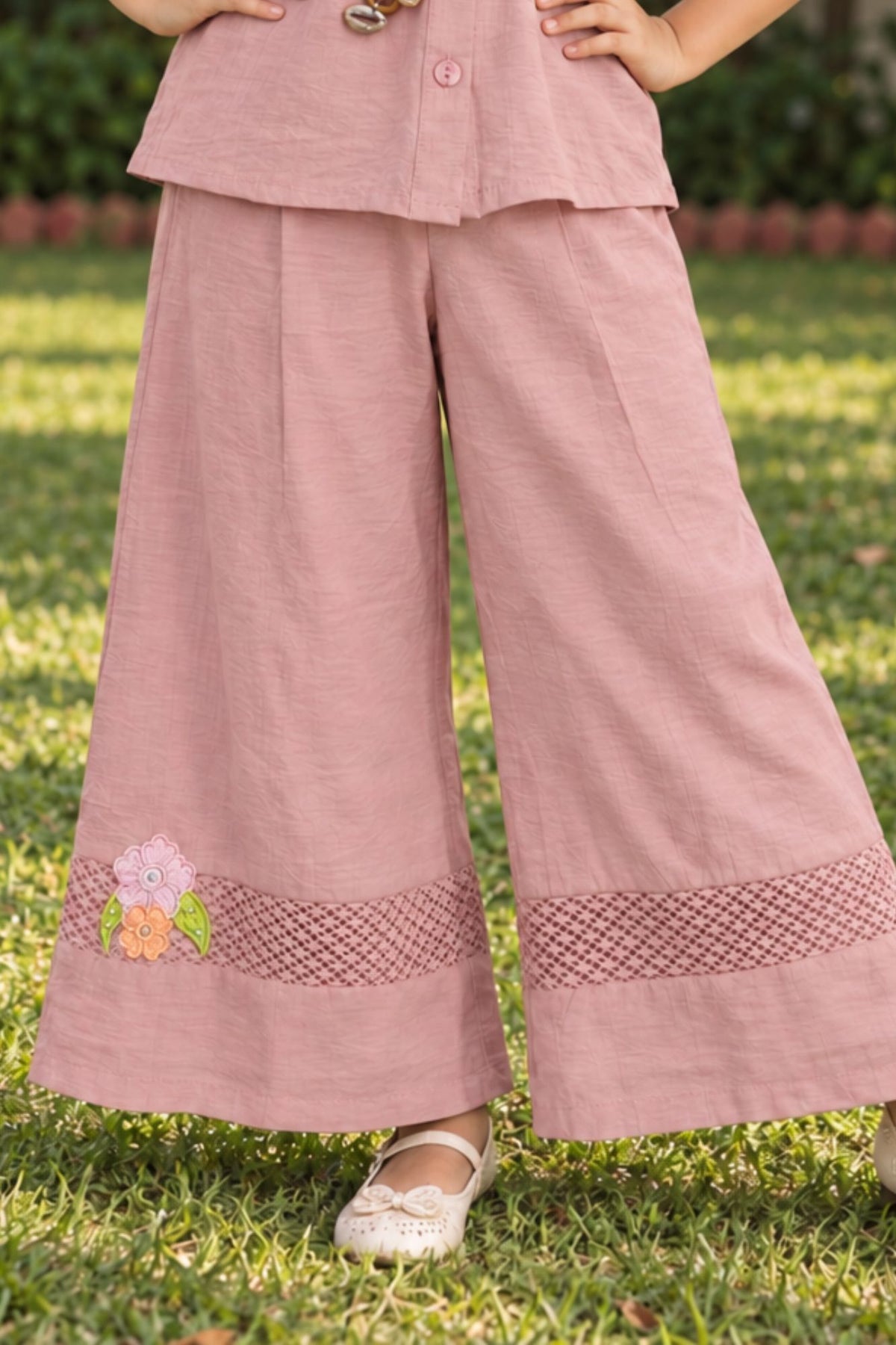 Girls Peach With Multicolour Floral Embroidered Co-Ord Set