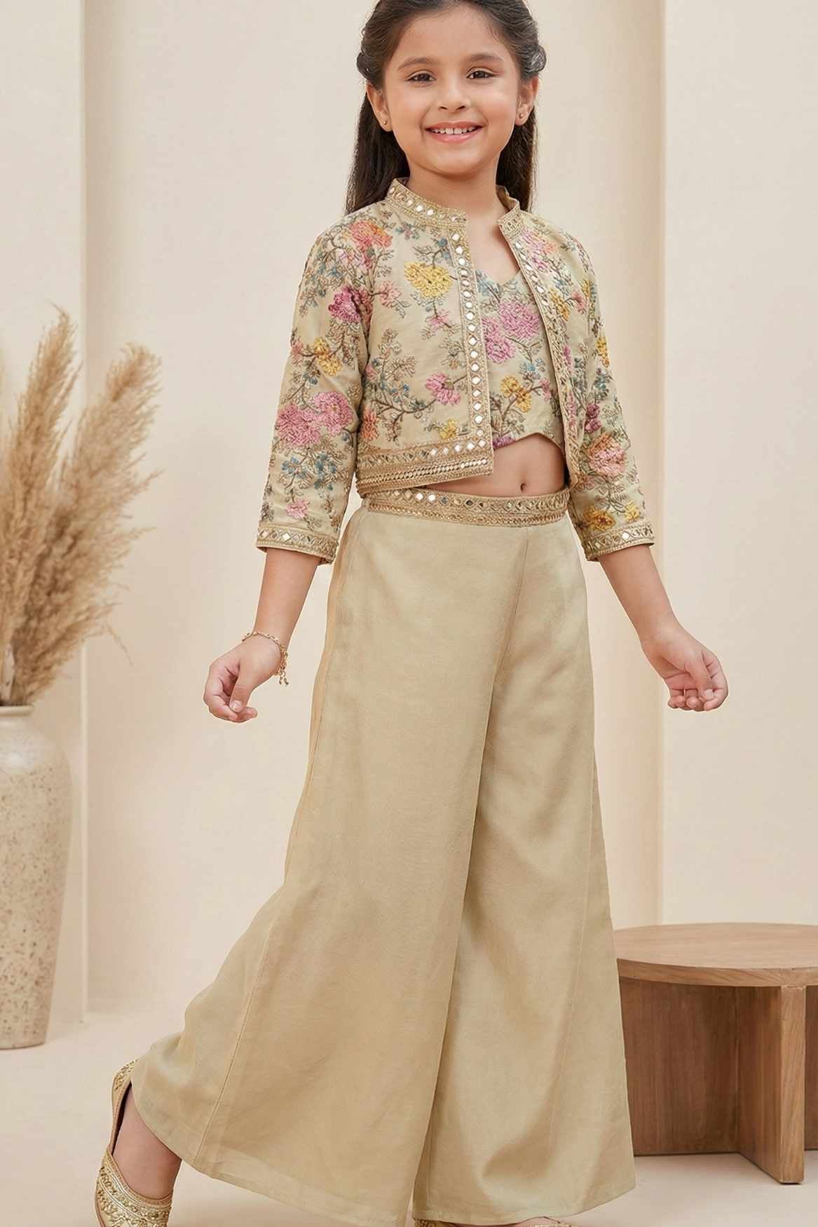 Cream Palazzo Set with Heavy Embroidered Jacket For Girls