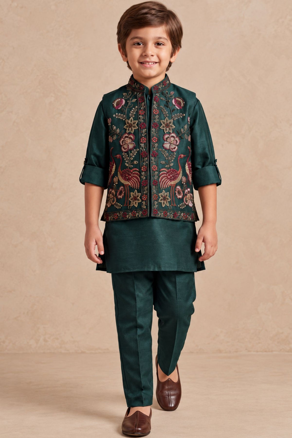 Boys Bottle Green Embroidered Nehru Jacket Kurta Set