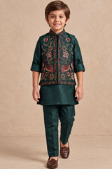 Boys Bottle Green Embroidered Nehru Jacket Kurta Set