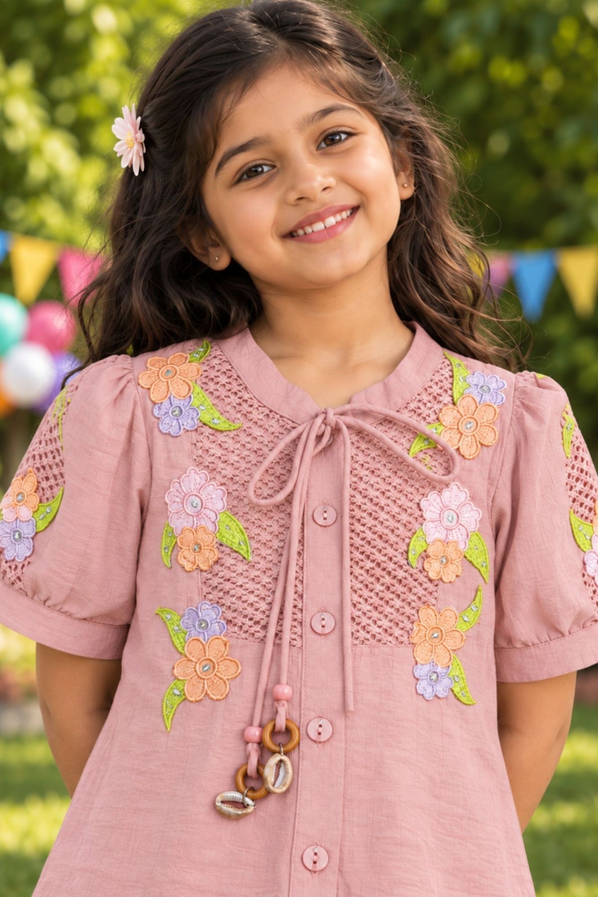 Girls Peach With Multicolour Floral Embroidered Co-Ord Set