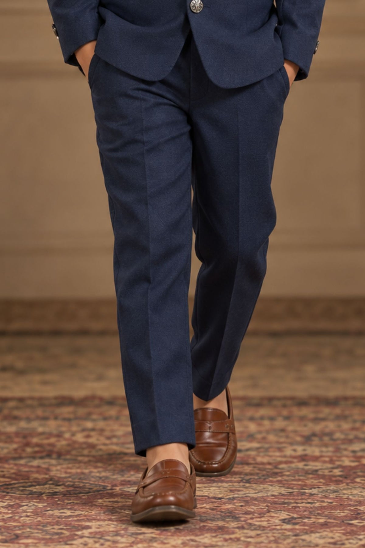 Navy Blue Jodhpuri Suit with Chain Brooch And Pocket Square For Boys