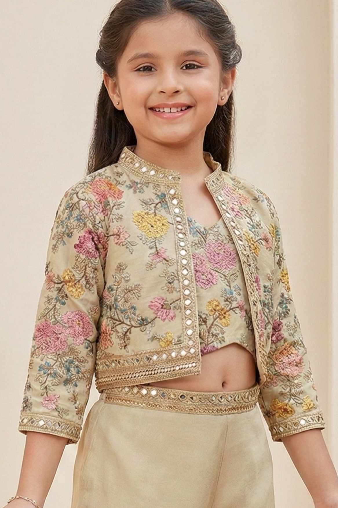 Cream Palazzo Set with Heavy Embroidered Jacket For Girls