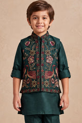 Boys Bottle Green Embroidered Nehru Jacket Kurta Set