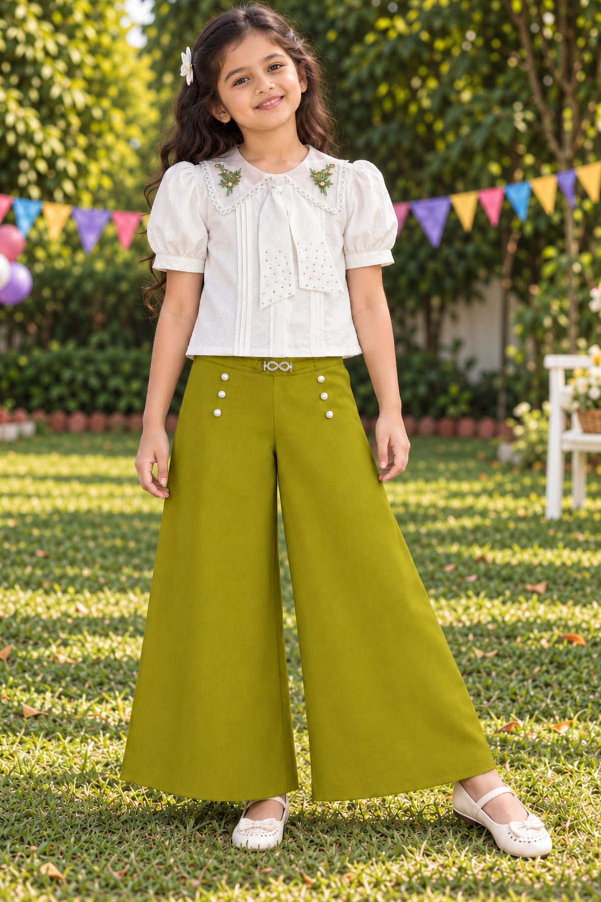 Girls White Floral Embroidered Top With Olive Green Wide Leg Co-Ord Set