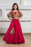 Girls Red And Gold Embroidered Cape Lehenga Choli