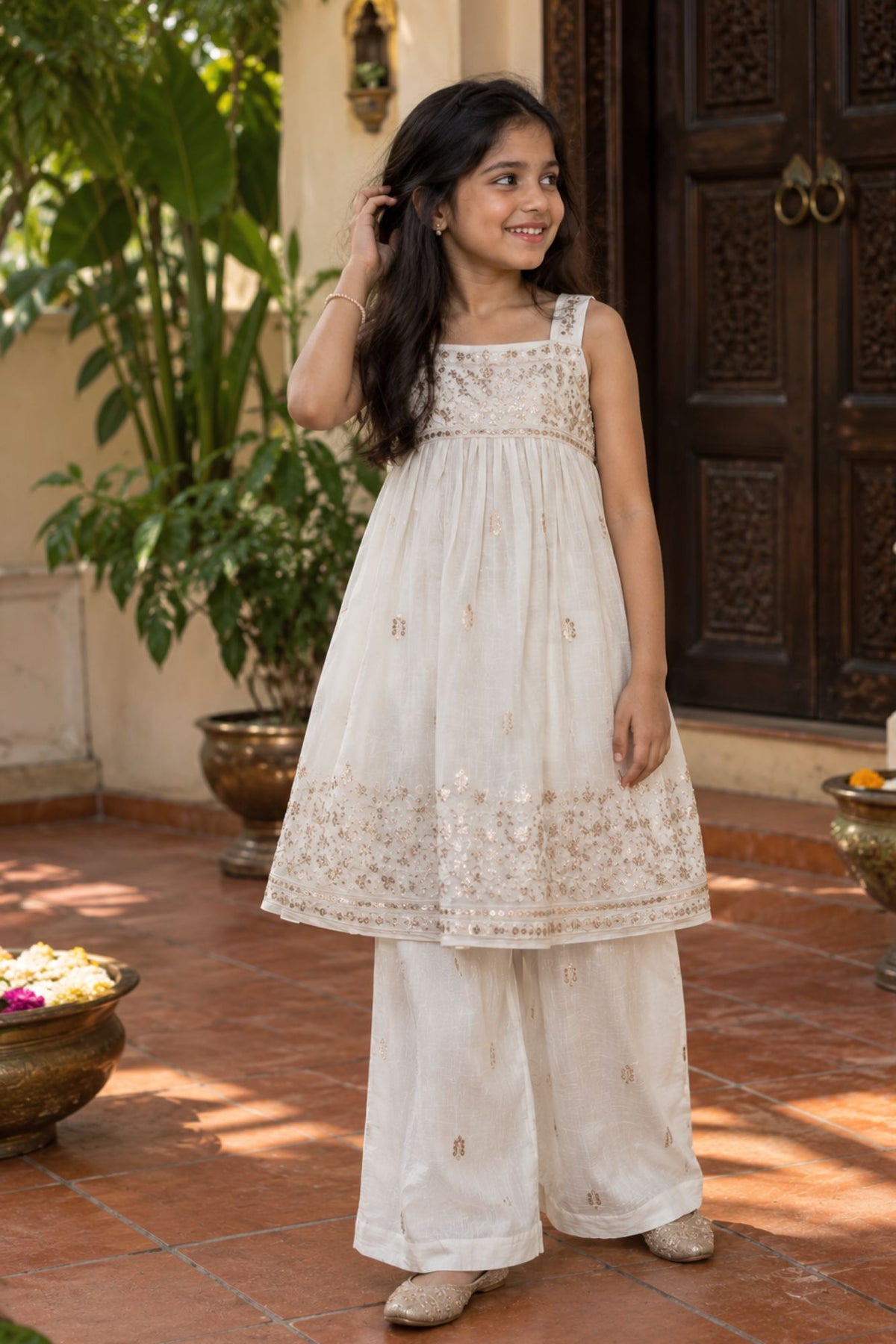 White Palazzo Set With Gold Sequin Embroidery for Girls