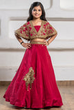 Girls Red And Gold Embroidered Cape Lehenga Choli