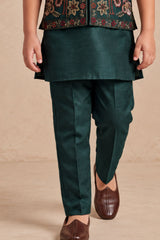 Boys Bottle Green Embroidered Nehru Jacket Kurta Set