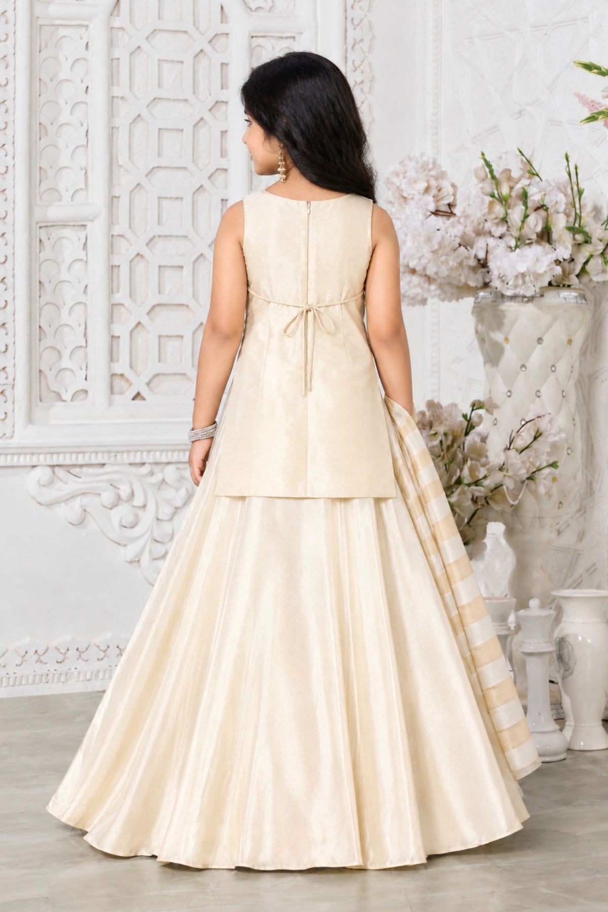 Girls Elegant Cream & Gold Embroidered Lehenga Choli Set