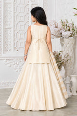 Girls Elegant Cream & Gold Embroidered Lehenga Choli Set