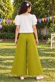 Girls White Floral Embroidered Top With Olive Green Wide Leg Co-Ord Set