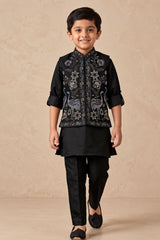 Boys Black Embroidered Nehru Jacket Kurta Set