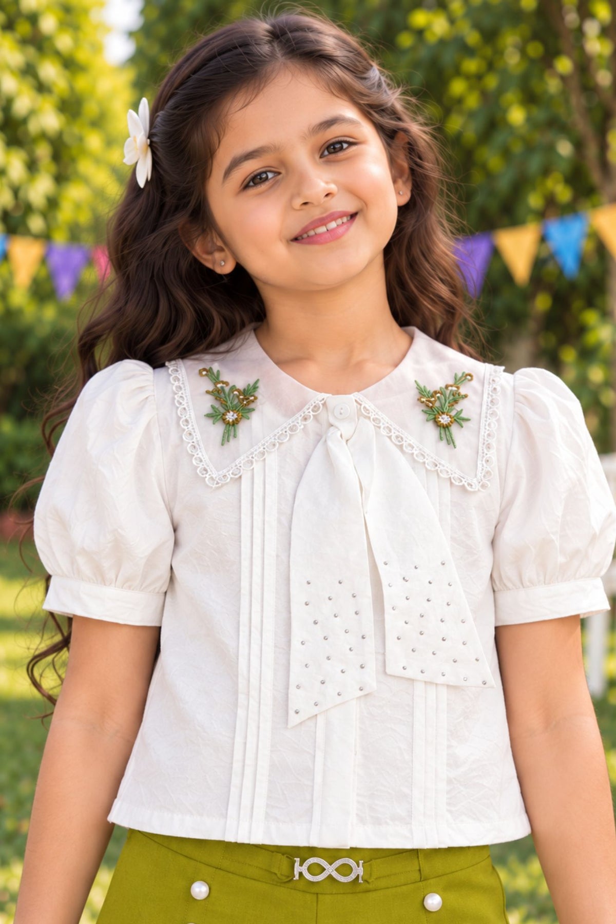 Girls White Floral Embroidered Top With Olive Green Wide Leg Co-Ord Set