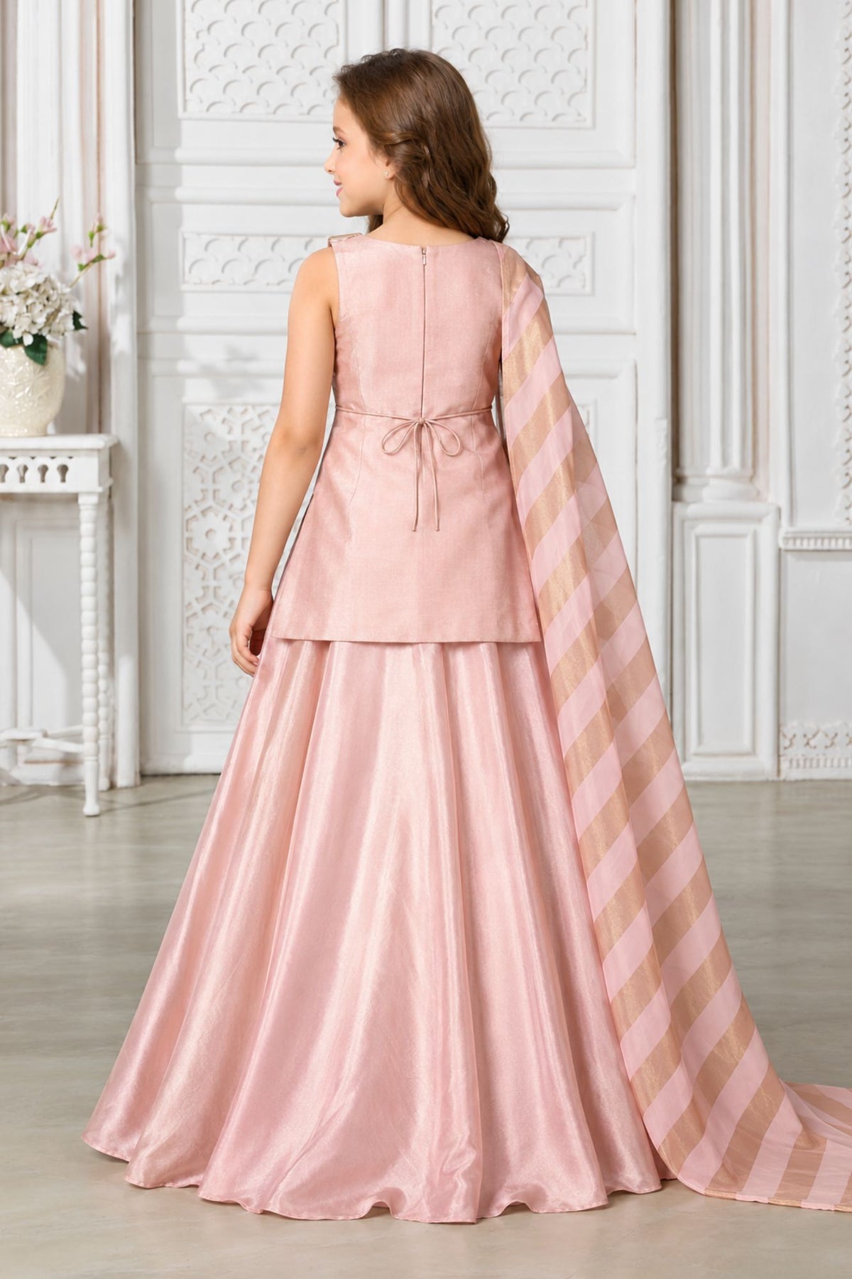 Girls Elegant Pink & Gold Embroidered Lehenga Choli Set