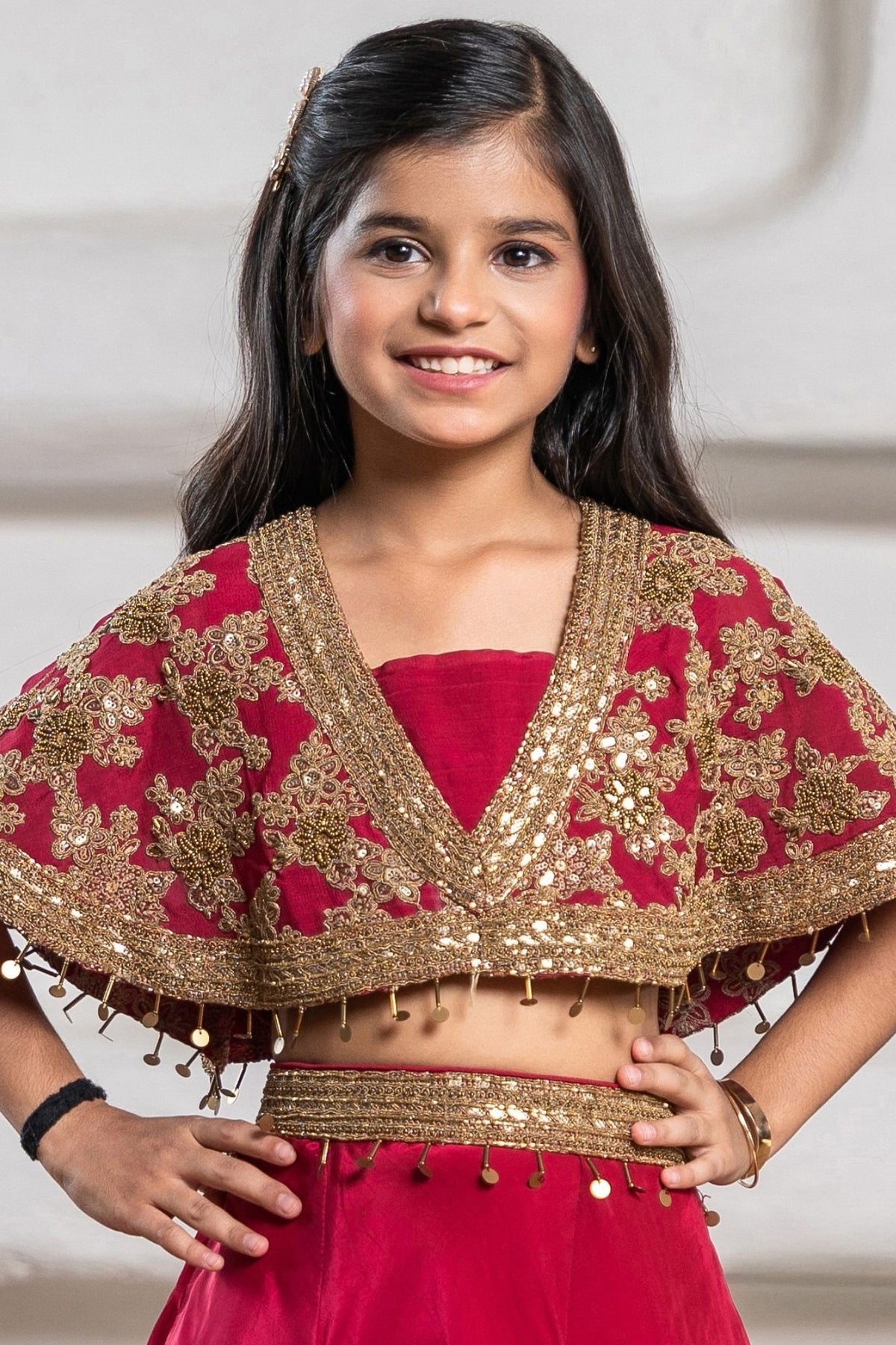 Girls Red And Gold Embroidered Cape Lehenga Choli