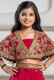 Girls Red And Gold Embroidered Cape Lehenga Choli